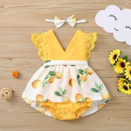 Girl Dresses Baby Kids Girl's Clothes Sleeveless Lace Romper V Neck Lemon Print Bodysuit Dark Princess Dress 1st Birthday For