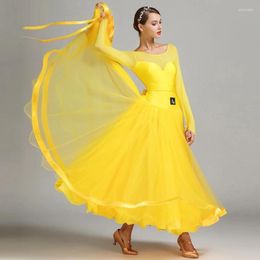 Stage Wear Ballroom Competition Dress Mesh Back Long Sleeves Solid Dance Performance Clothing Outfits Ball Gowns Waltz Costume