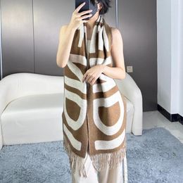 Scarves Luxury Designer Brand Fine Wool Colour Block Scarf Women Oversized Mirror Letters Logo Tassel Edge Long Winter Warm