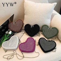 Evening Bags Cute Rhinestone Heart Mini Girl Bag Soft Flannelette Zipper Phone Key Wallet Purse Casual Metal Chain Crossbody Shoulder Handbag J231109