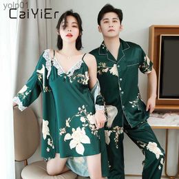 Women's Sleepwear CAIYIER 2020 Lovers Silk Pajamas Set Flower Lace Sexy Robe + Nightdress Women Men Nightwear Suit Fashion Colors Party HomewearL231109