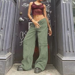 Women's Jeans Women Retro Green Fashion All Match Loose Pockets Pants Drape Casual Straight Tube Trousers Harajuku Y2K Baggy Overalls