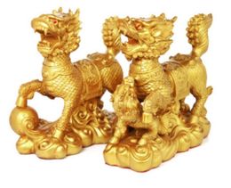 Lucky Blessed Consecrating Fengshui Qi Lin Decoration Sculpture Qilin Statue Blessed Feng Shui Kylin One Pair Gold Color R01010023078935