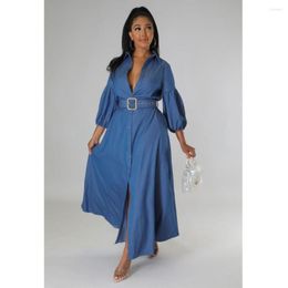 Casual Dresses Spring Blue Denim Shirt Dress Long Sleeve Women A Line Maxi Vestidos Elegant Female Streetwear