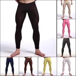 Men's Thermal Underwear Sexy Mens See Through Ice Silk Ultra-thin Transparent Leggings Long Johns Lounge Tight Pants