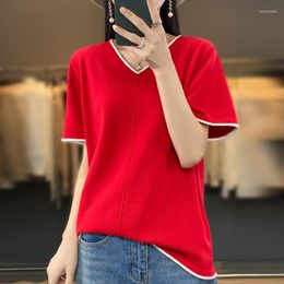 Women's T Shirts Summer Cotton Short-Sleeved T-Shirt 2023 Women's Knitted Sweater V-Neck Contrast Loose Size 40-100kg Versatile Top