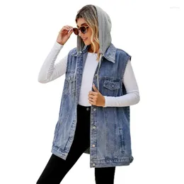 Women's Vests Vintage Loose Detachable Drawstring Hooded Waistcoat Women Single-breasted Splicing Denim Vest Ladies Outerwear Trend