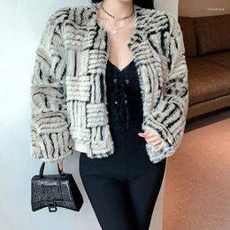 Women's Fur Faux Stripe Long Sleeve O Neck Loose Jacket Lady Autumn Winter Vintage Fuzzy Wool Outwear