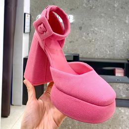 Square Toe Platform Block High Heel Sandals Ankle Buckle Strap Pink Solid Shallow Mary Janes Women Shoes Summer 2023