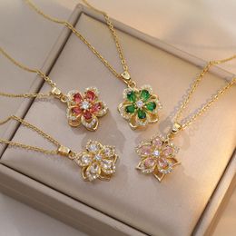 Stainless Steel Rotatable Pendant Necklace for Women Fashion Crystal Spinning Flower Chain Necklace Jewellery Wholesale YMN088