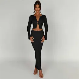 Work Dresses Split Long Sleeve Single Breasted Shirts Crop Top Bodycon Skirts Suits Women 2023 Autumn Solid Ribbed Two Piece Dress Sets