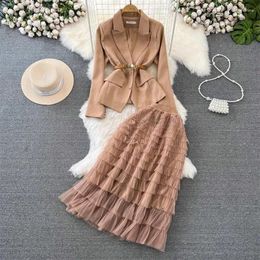 Two Piece Dress Fashion Set Celebrity Temperament Blazer Suit Coat High Waist Slim A-Line Mesh Cake Skirt Elegant Outfit Z3778