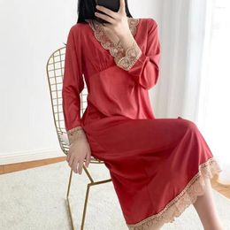 Women's Sleepwear Fdfklak Lace V-Neck Women Nightdress Female Sexy Spring Summer Long Sleeve Solid Colour Nightgowns Ladies Lingerie