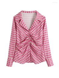 Women's Blouses & Shirts Tops Women Clothing 2023 Notched Lapel Fitted Shirt Long Sleeve Top Street Style Gingham Check Gathered Button Up B