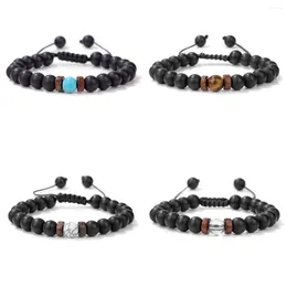 Strand 12pcs 8mm Tiger Eye Stone Black Beads Bracelet Adjustable Braided Rope Men Women Yoga Healing Balance