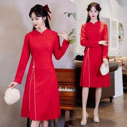 Ethnic Clothing Chinese Folk Dance Wear Traditional Qipao Dress Long Sleeve Evening Red Cheongsam Women's Year CNY