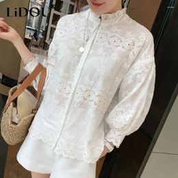 Women's Blouses Spring Solid Colour Cotton Shirt French Style Embroidered Edible Tree Single Breasted Cardigan Round Neck Puff Sleeve