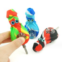 Small octopus style silicone hand pipes Nectar collector kit cuttlefish with glass bowl GR2 titanium nail multiple Colours dag oil rig smoking pipe