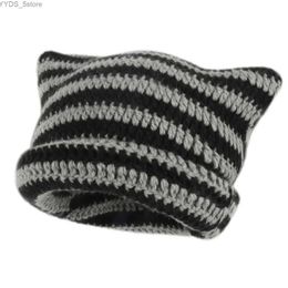 Beanie/Skull Caps Women Cat Ears Hats Soft Slouchy Striped Knitted Hat Trendy Winter Warm Crochet Braided Knitted Winter Hats Unisex Gentleman Hat YQ231108