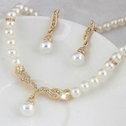 Stud Creative Gold Colour Necklace 1 Pair Earrings Wedding Bridal Pearl Jewellery Set For Women Lady Female 231109