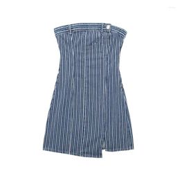 Casual Dresses Woman Fashion Dark Blue Striped Strapless Mini Dress 2023 Summer Female Irregular Backless Short High Street Slim