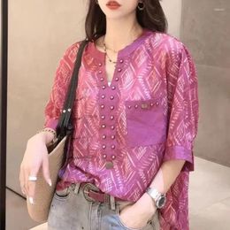 Women's Blouses Clothing Vintage Printed Shirt Commute Fashion Pockets Spliced Beading Summer Casual Half Open Collar Straight Blouse