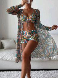 Women's Swimwear Tropical Allover Print Bikini 3pack Drawstring Ruched Cover Up Women Swimsuit Long Sleeve Swimwear Beach Wear Bathing Suit 230408