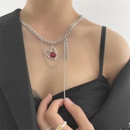 Choker Korean Version Heart Multilayer Chain Tassel Ruby Collarbone For Women Sweet Cool Hiphop Light Luxury Accessories 2023