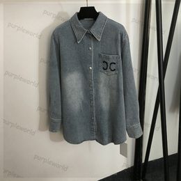 Denim Shirt Womens Embroidered Pocket Design Lapel Long Sleeve Loose Denim Casual Shirt Jacket