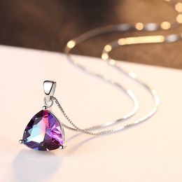 New Fashion Triangle Gradient Gem S925 Silver Pendant Necklace Jewellery Charm Women Three Claw Rainbow Stone Necklace for Women Wedding Party Valentine's Day Gift SPC