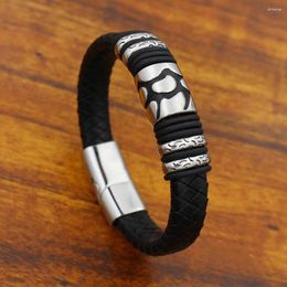 Charm Bracelets 12MM Wide Braided Retro Genuine Leather Bracelet For Men Stainless Steel Crack Bead With Magnet Clasp