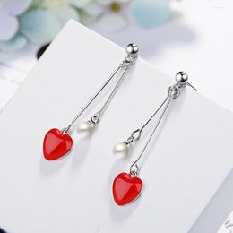 Stud Earrings Red Heart For Women Sweet Temperament Pearl Girls High Quality Korean Fashion Jewelry Wholesale Ladies