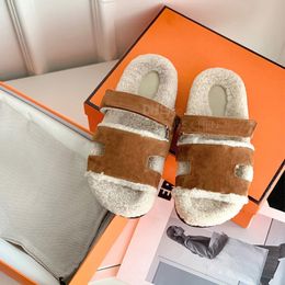 fur Slides slippers men women wool Shearling fluffy sandals womens flat snow slippers Luxury designer Slides Shoes Factory footwear Large size 35-46 With box Brown