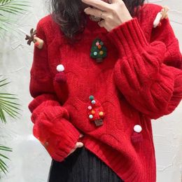 Women's Sweaters Christmas Tree Appliques Loose Pullovers Women O-neck Long Sleeve Knitted Sweaters Female Autumn Winter Arrival Pull Femme 231109