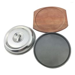Pans Western Food Cover Dessert Tray Iron Plate BBQ Barbecue Dish Wood Round Lid Beef Steak Kitchen Cookware