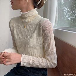 Women's Blouses Winter Warm Velvet Basic Shirts Long Sleeve Design Korea Japan Style Retro Vintage Women Chic White Lace Turtleneck Tops