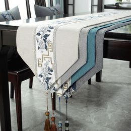 Table Runner Chinese style desktop runner embroidery Tassel wedding party bride shower birthday blue pink home Christmas decoration 230408