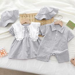 Rompers born Baby Boys Jumpsuit Girls Dress Short Sleeve Cotton Brother And Sister Clothes Toddler Baby Boys RomperHat For Summer 230408