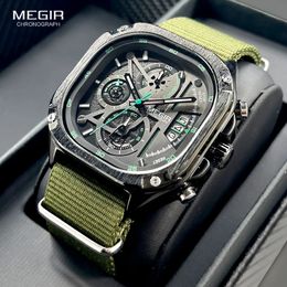 Wristwatches MEGIR Black Quartz Watch Men Waterproof Square Dial Wristwatch with Chronograph Stainless Steel Strap Luminous Hands Auto Date 231109