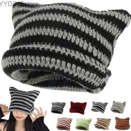 Beanie/Skull Caps Y2K Japanese Streetwear Harajuku Beanie Hat Little Devil Striped Knitted Hat ForWomen Girls Autumn Winter Cute Cat Ears Cap YQ231108