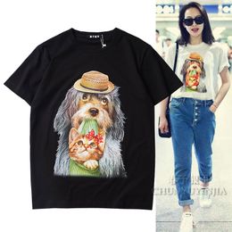 Chun yu yin jia luxury branded Designer top clothes Cute funny Dog and cat Pattern Print Short-Sleeved graphic tshirt Black White Women tee cotton plus size XXL