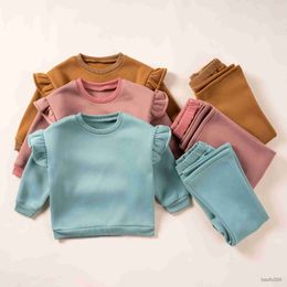 Clothing Sets Child Girls Suits Solid Fleece Autumn Long Flying Sleeve Sweater Pants Clothes Sets 1-6Y