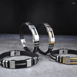 Charm Bracelets 4 Colours Stainless Steel Bracelet Men Wristband Black Grooved Silicone Mesh Link Insert Punk Stylish Casual Bangle