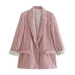 Women's Suits Tesco Vintage Striped Women Suit Blazer Basic Style Coat For Autumn Wear Fashion Jacket With Pockets Professional Female