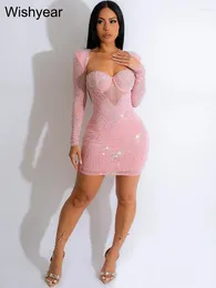 Casual Dresses Wisheyar Glitter Celebrity Rhinestone Birthday Dress Women Sparkly Long Sleeve Bodycon Christmas Evening Party Vestidos