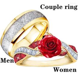 Cluster Rings Exquisite Couple Zircon Ring Rose Engagement Wedding For Women Stainless Steel Jewelry Halloween Anniversary Gift