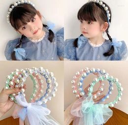 Hair Accessories Girl Pearl Headband Super Fairy Silk Mesh Bow Streamer Princess Tied Braid Head Flower Jewellery