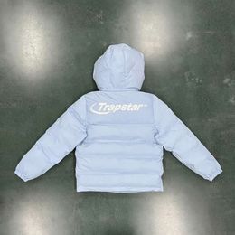2023 Online Celebrity the Latest Trapstar Down Cotton Jacket for Men's Ice Blue Hooded Detachable Patch Embroidery British Fashion Brand