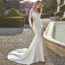 Vintage Long Wedding Dresses Deep V Neck Satin Full Sleeves with Lace Applique Mermaid Chapel Train Bridal Gowns for Women