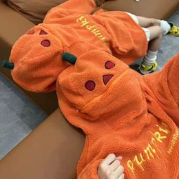 Pumpkin people funny cute design imitation lamb plush coat hooded cute cartoon autumn and winter hoodie loose